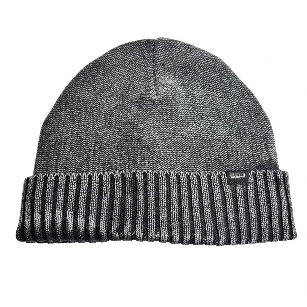 Levis Mens‎ Sherpa Lined Cuffed Knit Beanie Hat Charcoal Gray Black One Size OS